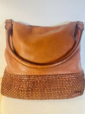 Marta Ponte Genuine Leather Cognac Woven Accent Shoulder Bag.